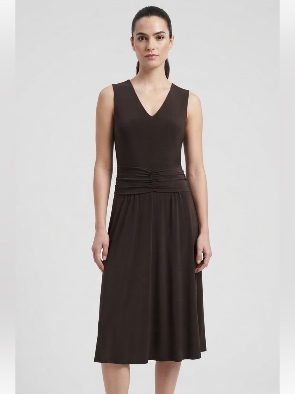 Theory Japan Illy Notte-K V-Neck Ruched Midi Dress Size 0 XS Chocolate Brown